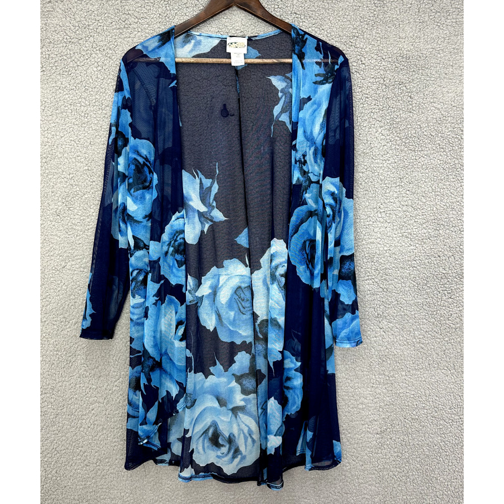 Collections Etc Cover Up Womens Large Blue Floral Sheer Open‎ Front Beach Boho